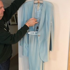 Silk 3 pc. suit, pale aqua, long jacket, shell and skirt.